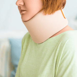 Neck support cushion for whiplash recovery after a car crash.