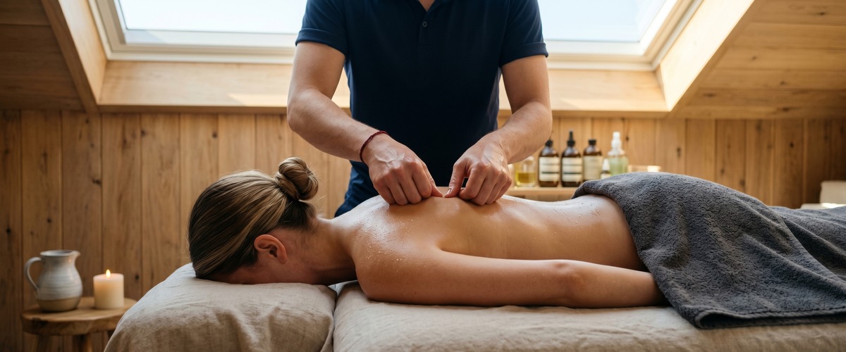 Sports massage therapist treating athletes leg with text highlighting health and recovery benefits.