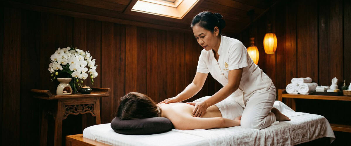Thai massage therapist providing relaxing massage in Glasgow spa.