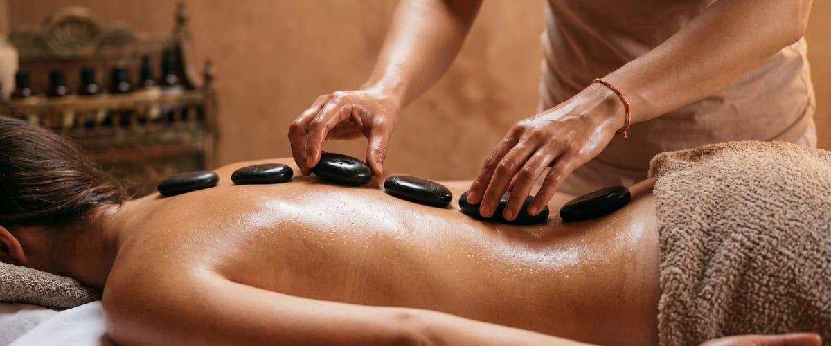 Therapist applying hot stones during a relaxing massage in Glasgow.