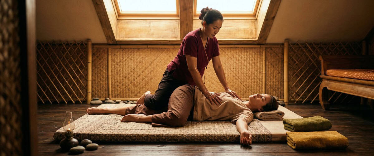 Woman receiving traditional Thai massage in a serene spa setting in Glasgow.