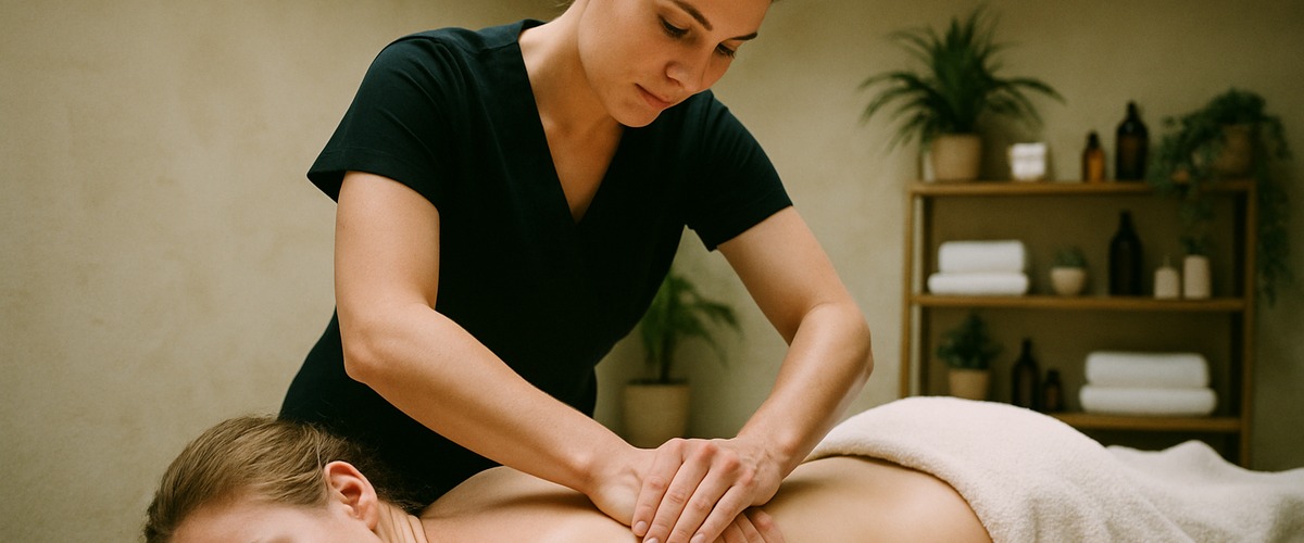Informational banner explaining deep tissue massage techniques and benefits for muscle therapy.