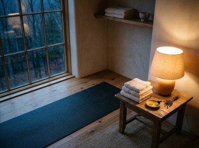 A quiet treatment room with a mat, folded towels and a warm lamp, dusk blue light in the window