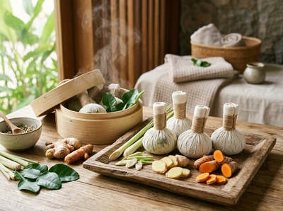 Muslin herbal bundles with lemongrass stalks and slices of ginger and turmeric on a wooden tray beside a steaming bamboo