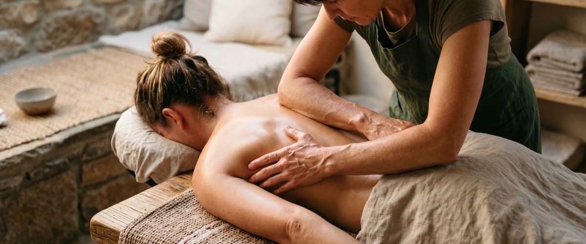 Massage therapist applying deep forearm pressure to a client's upper back