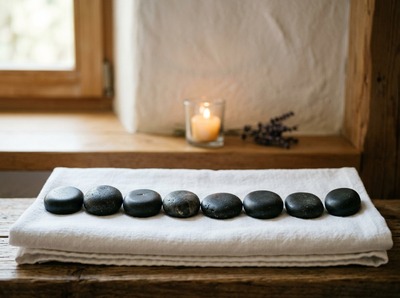 Basalt massage stones arranged in a row on folded towels, with a candle and dried lavender behind