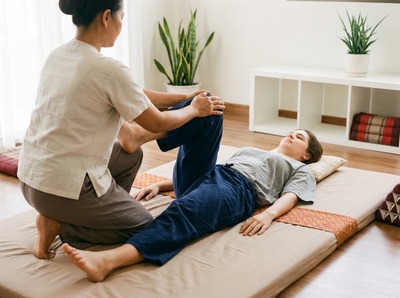 Therapist guiding the clothed client's knee gently toward the chest in an assisted hip stretch on a floor mat, the client