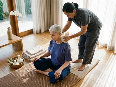 Clothed client seated on a mat while the therapist presses a warm herbal bundle into the client's shoulder and neck